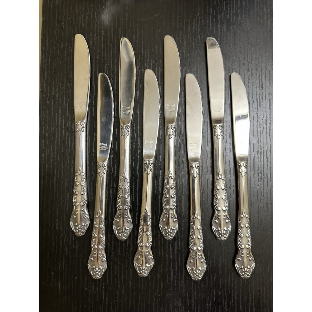 Set of 8 National Nancy Stainless Japan‎ Ornate Table Knives Silverware Flatware